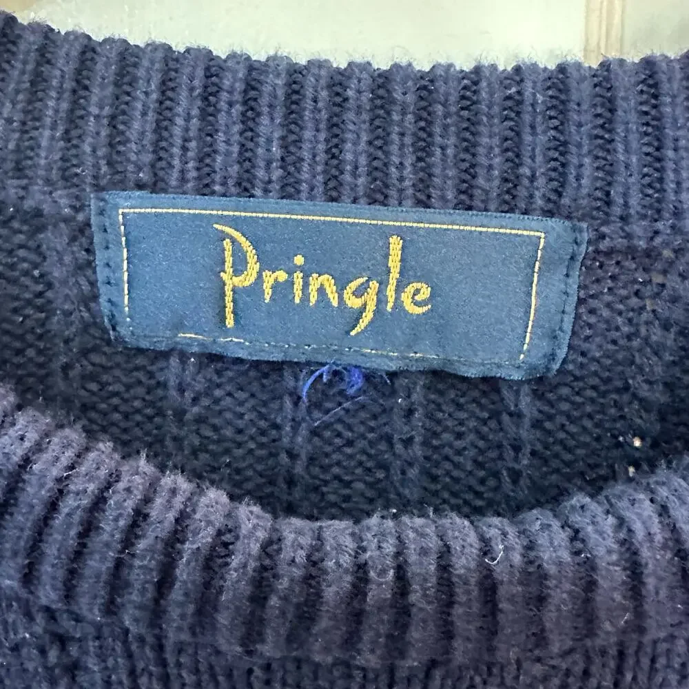 Vtg. Pringle Mens L Pullover Chunky Knit Sweater Embroidered Golf Graphic Blue